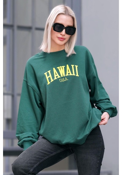 Madmext Yeşil Bisiklet Yaka Baskılı Sweatshirt Mg1922 Yeşil