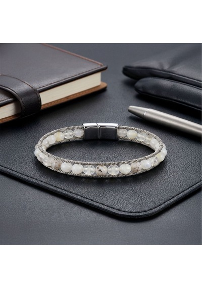 Çelik Halat Ve Ay Taşı Doğaltaş Bileklik 21 Cm Gümüş