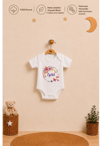 Pia Baby Kız Bebek İsme Özel Hediye Seti 2'li %100 Pamuk Organik Baskılı Body Zıbın Ve Ham Bez Kıyafet Kesesi 2058b2k0x Ekru