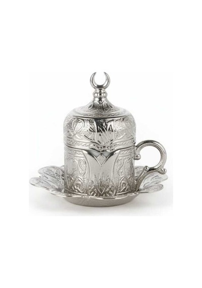 Türk Kahvesi Fincan Takımı Lale Desenli 6 Parça Metal Gümüş Lalezar Model