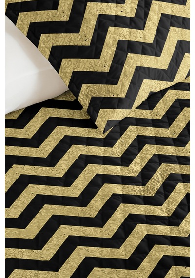 Siyah Gold Geometrik Zigzag Genç Odası Tek Kişilik Pike Takımı-altın Renkli Yatak Örtüsü-160x220 Cm Sarı