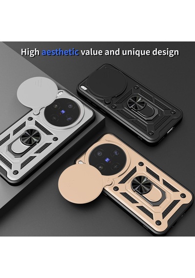 Caseonn Vivo X300 Kılıf Sürgülü Kamera Korumalı Yüzüklü Mıknatıslı Tank Kapak Siyah
