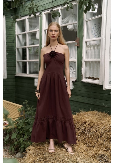 Mai Collection Mai Studios Co. Elisa Gül Detay Bordo Uzun Elbise Bordo