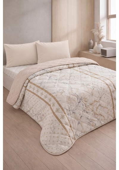 Formeya Kapitoneli Çift Kişilik Desenli Pike - Yatak Örtüsü Takımı 200x230 Cm - 2 Adet Yastık Kılıflı Bej