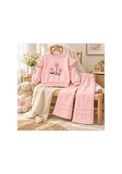 Efka Kids Kız Çocuk Çiçek Nakışlı Fırfırlı Alt Üst Takım Gül Kurusu
