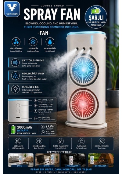 Çift Başlıklı Sprey Fan Nemlendirici Ve Renkli Led Işıklı Beyaz İtem0015kbeyafan4