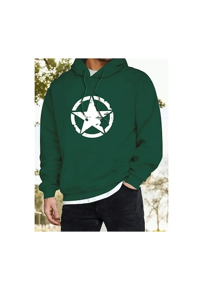 Herkesemoda Yıldız Baskı Detaylı İçi Polarlı Kapüşonlu Sweatshirt Yeşil