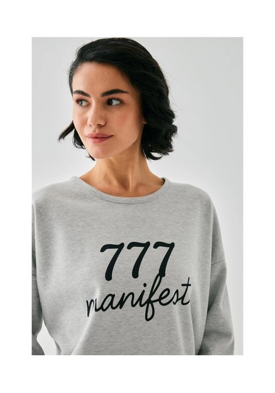 İkikareshop Kadın Gri Manifest Oversize 2 İplik Eşofman Ev Giyim Takımı Çok Renkli