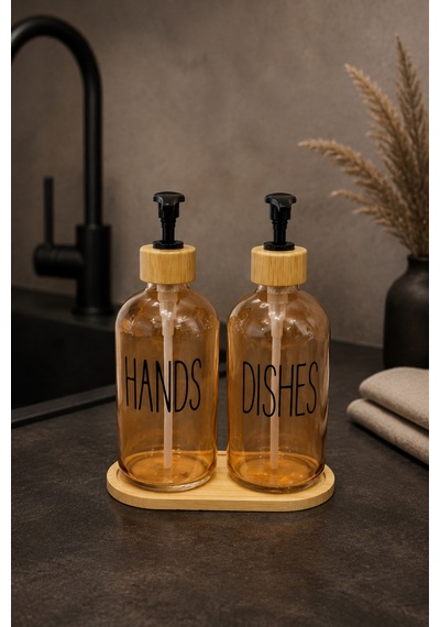Relly Bambu Standlı İkili Cam Sabunluk Seti 2 X 500 Ml Hands & Dıshes Turuncu