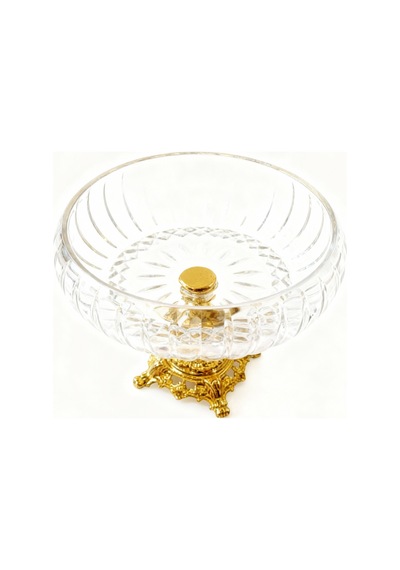Assa Bazaar Lotus Kristal 24 Cm Kesme Dekor Metal Ayaklı Salata Kasesi Gold Cam Sunumluk & Servis Tabağı Gri