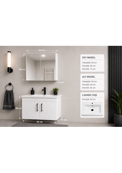 Modern Luna 65 cm Beyaz MDF Banyo Dolabı Takımı Aynalı Üst Modül ve Seramik Lavabolu