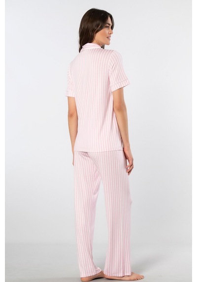 Türen Çizgili Kısa Kollu Gömlek Yaka Pijama Takımı Pembe