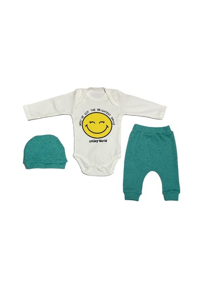 Babysena Happy Baskılı Unisex Bebek Bodyli 3 Lü Takım Turkuaz