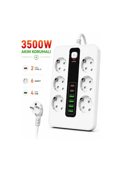 6'lı Priz Çoklayıcı 4 Usb + 2 Type-c Hızlı Şarjlı Anahtarlı Priz 3500w 2 Metre Kablo 2 - 5 M