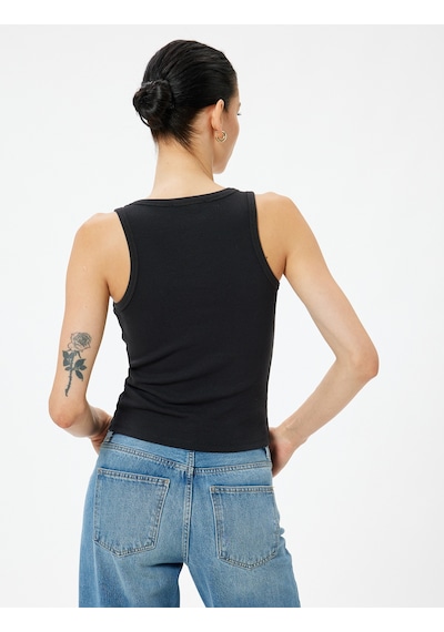 Koton Askılı Tişört Taşlı Fitilli U Yaka Pamuklu Slim Fit Siyah 5wak10058ek Siyah