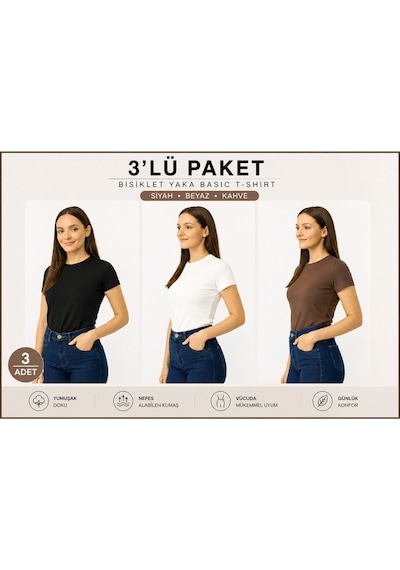 İngegno Body Bisiklet Yaka Yarım Kol Örme Kumaş Viskon Body Kadın 3 Lü Paket Kahverengi - Siyah
