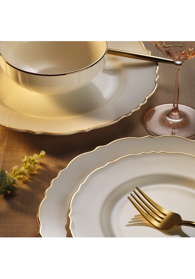 24 Parça 6 Kişilik Porselen Yemek Takımı Elegant Gold-4215 Beyaz