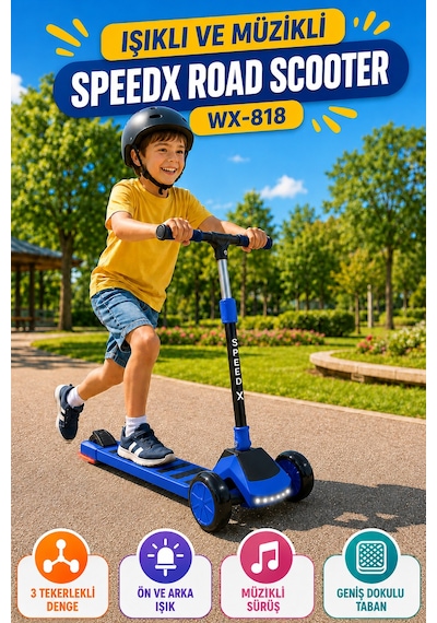 Mavi Işıklı Müzikli Speedx Road Scooter Wx-818 3 Tekerlekli Çocuk Scooterı Geniş Dokulu Taban