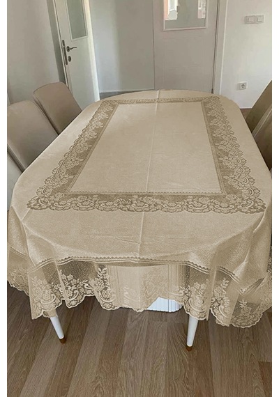 Desenli Dertsiz Örme Leke Tutmaz Dantelli Masa Örtüsü, Çini Desen Masa Örtüsü - Kahve Diğer