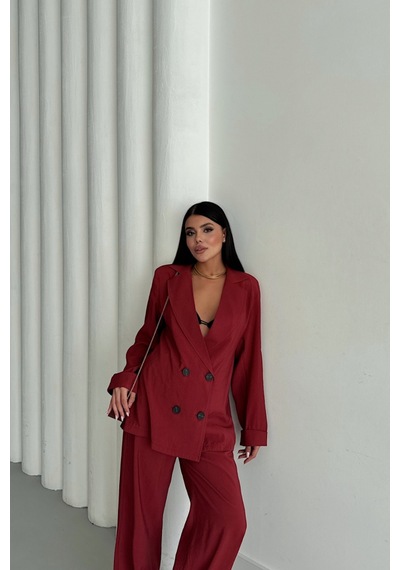 Soonaksesuar Modal 4 Düğme Astarsız Ceket - Pantolon Takım - Bordo Bordo