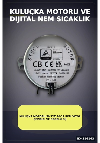 Kuluçka Motoru 50 Tyz 10/12 Rpm Viyol Çevirici Ve Problu Dijital Nem Sıcaklık Ölçer Seti Bx-316163