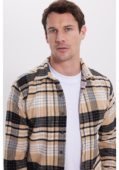Tudors Erkek Slim Fit Dar Kesim Kareli Kışlık Oduncu Gömlek-42191 Vizon