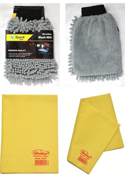 Spark 7050 Şönil Oto Temizlik Eldiveni & Polikur 3224 Mikrofiber Güderi Oto Kurulama Bezi 2'li Set