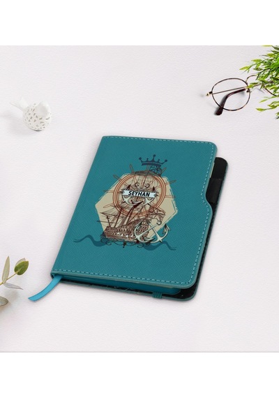 Kişiye Özel Gemi Tasarımlı Turkuaz Termo Deri Defter-4 Turkuaz
