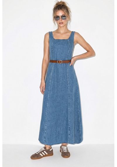 Shade Kadın Geniş Yaka Askılı Kemerli Kloş Denim Elbise 6084 60286108 - Mavi