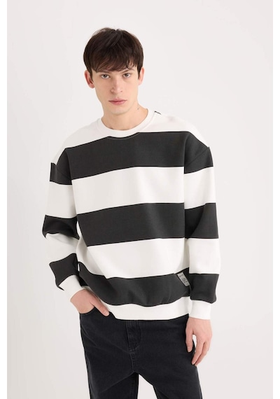 DeFacto 	Boxy Fit Bisiklet Yaka Çizgili Dokuma Etiketli Sweatshirt A9066AX24AUBK81