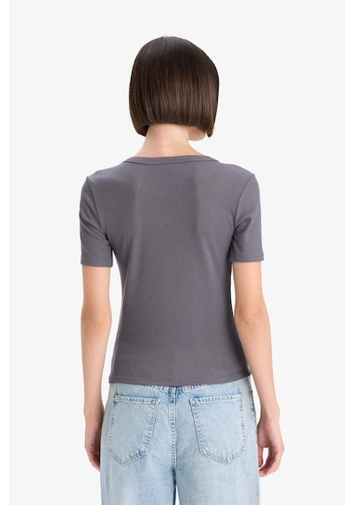 Defacto Slim Fit Dar Kesim Bisiklet Yaka Basic Düz Fitilli Kaşkorse Kısa Kollu Tişört C0097ax25augr448 Gri