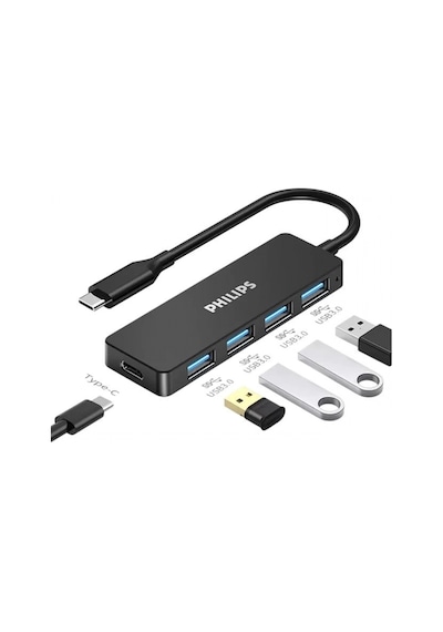 Philips Swr1603g/93 Siyah 20 Cm Kablolu Type-c To 4xusb 3.0 Çoklayıcı