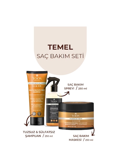 Yoon 3'lü Saç Bakım Seti, Tuzsuz Şampuan 250 ML + Saç Kremi 200 ML +Saç Maskesi 250 ML