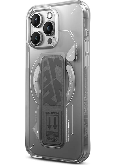 Apple Uyumlu iPhone 15 Pro Max Kılıf Skinarma Magsafe Şarj Özellikli Teknoloji Desenli Standlı Helio Kapak Gri