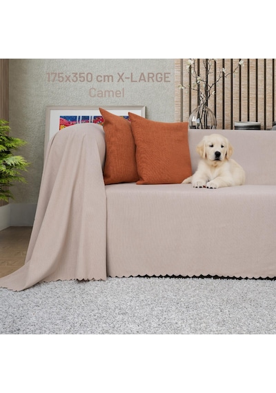 Kaymaz Koltuk Örtüsü Çift Taraflı Mikrofiber Şönil 175x350 Cm Xl- Camel Kedi Köpek Ve Çocuk Dostu Camel