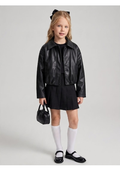 Zekids Kız Çocuk Bomber Deri Ceket-17593 Siyah