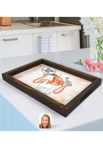 Kişiye Özel Kadın Nihayetinde Karikatürlü Ahşap Tepsi-6