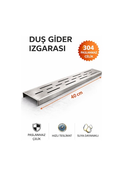 40 Cm Lineer Duş Gider Izgarası 304 Paslanmaz Çelik 5 Cm Genişlik Üst Kanal Izgarası