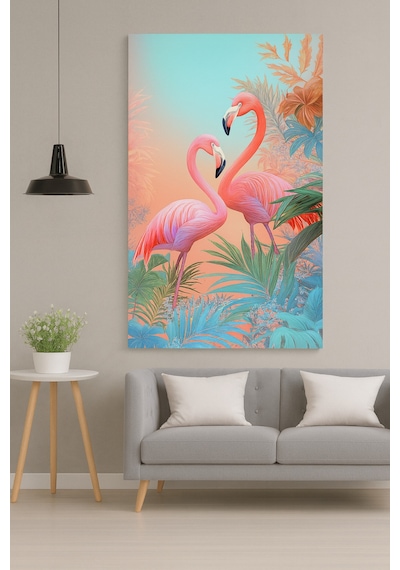 Tropikal Flamingo Desenli Çerçevesiz Cam Tablo Modern Salon Ve Ofis Dekorasyonu