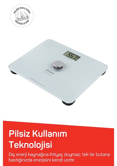 Arzum AR5126 Stayfit Touch Cam Beyaz Baskül, Pilsiz Kullanım, 180 Kg’a Kadar Ölçüm Kapasitesi, Beyaz