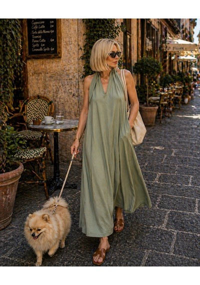 Milano Flow Maxi Dökümlü Elbise - Haki - M - St01140-haki-m