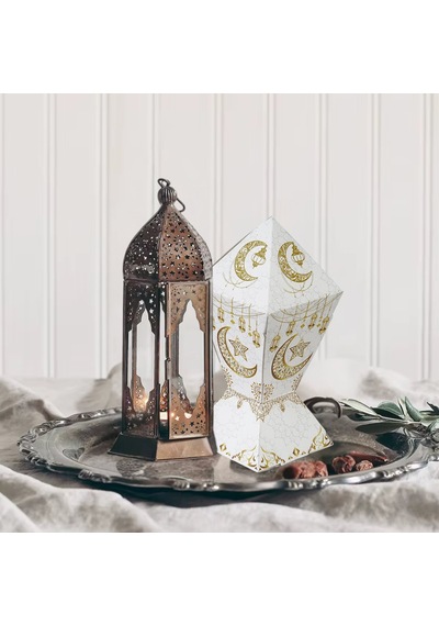 6lı Ramazan Şeker Hediye Kutusu, Beyaz&altın Ay, Yıldız, Fener Tasarımlı Şekerleme Kutusu, 7x7x12cm