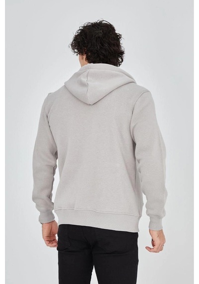 Erkek 3 İplik Pamuklu Fermuarlı Kapüşonlu Kanguru Cepli Hoodie - Boyalı Gri