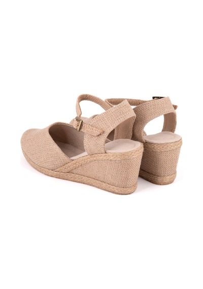 Gerçek Elişi Hasır Rengi Topuğu Açık Keten Espadril Dolgu Topuk Handmade Hasır