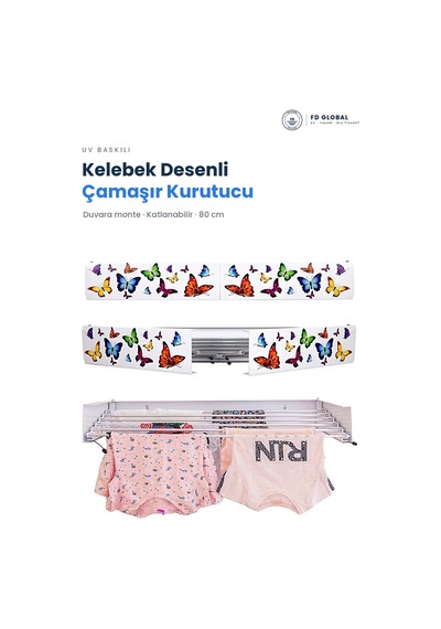 Kelebek Desenli Duvara Monte Katlanır Çamaşır Kurutma Askısı 80 Cm Askılık Çok Renkli Çok Renkli