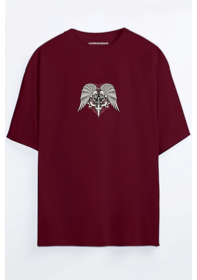 Kılıc Iskelet Baskılı Unisex Siyah - Beyaz - Turuncu - Bej Oversize T-shirt Bordo