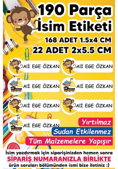Okul Etiketi Kalem Defter Etiketi Sevimli Maymun Temalı Özel Isim Yazılabilen Etiket - 190 Adet