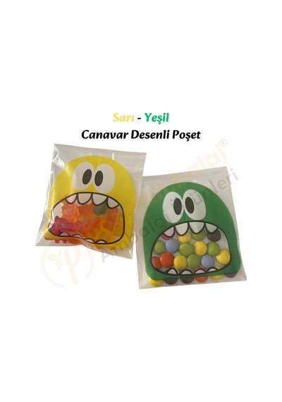 30 Adet Sarı-yeşil Renkli Canavar Desenli Cake Pop & Kurabiye Poşeti-10x15 Cm