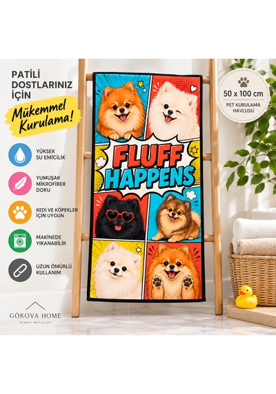 Kedi & Köpek Kurulama Havluları Pomeranian Desenli Hızlı Kuruyan 50x100cm