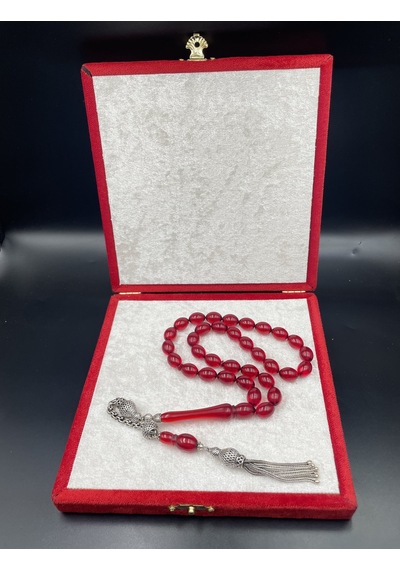 Sülün İmameli Arma Kesim Ateş Kehribar Tespih 12x9 Mm 925 Ayar Gümüş